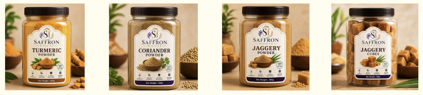 Saffron House Spice Powders — Turmeric, Coriander, Jaggery Powder, Jaggery Cube